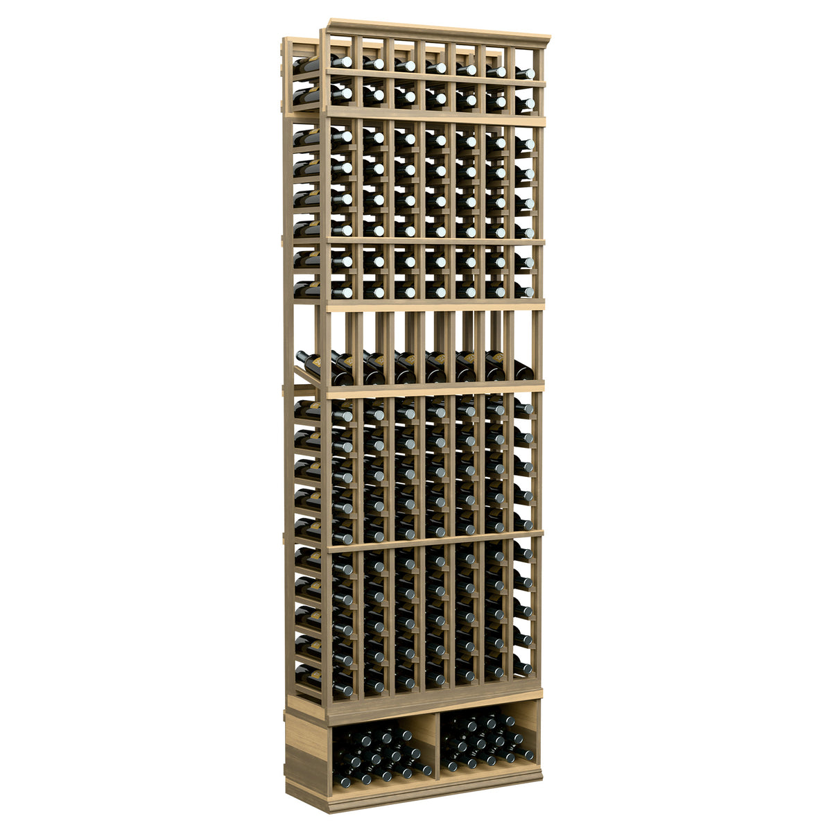 Pale wood 7-column wine display rack with bottle slots and top shelf