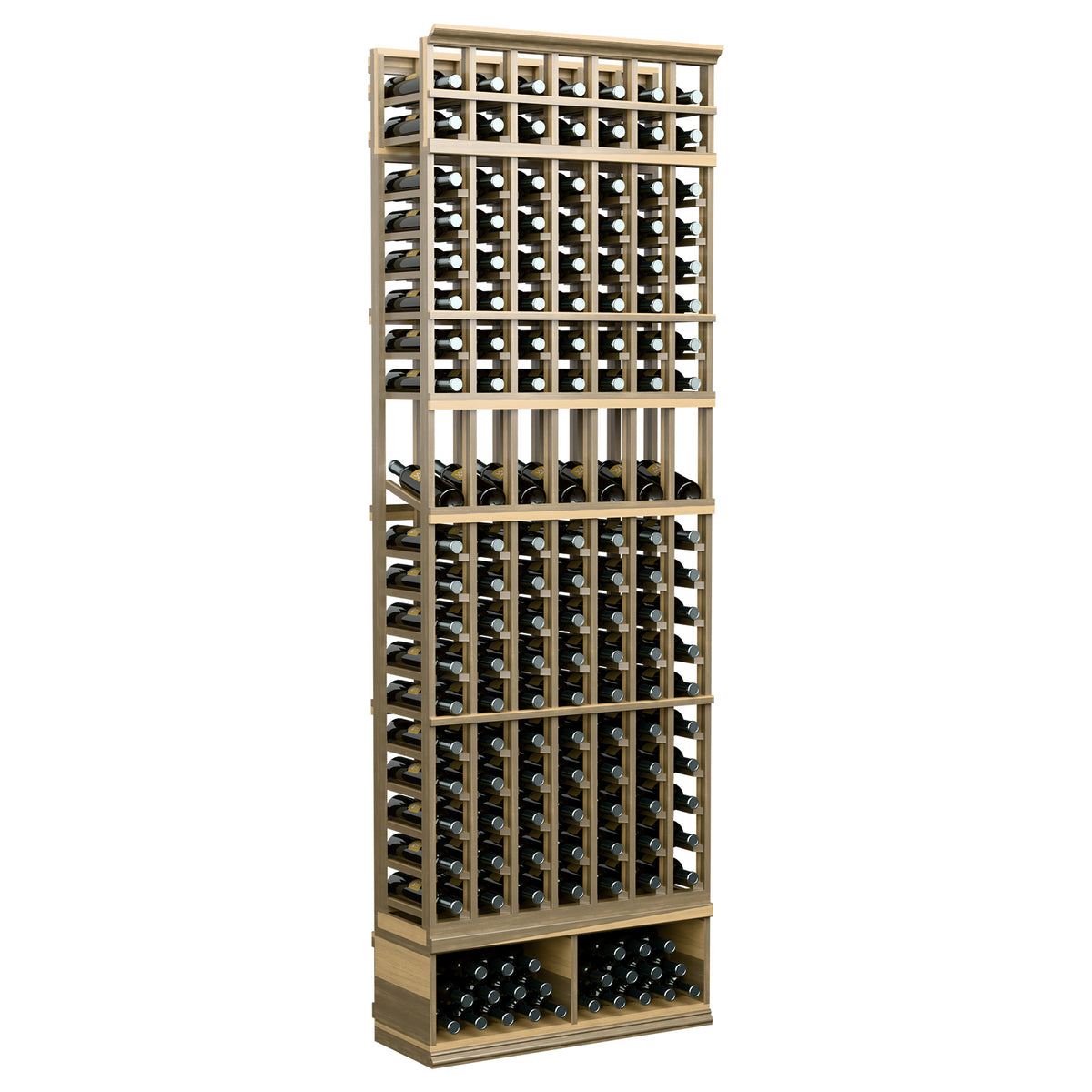 Natural-toned wood 7-column wine display rack with front bottle grid