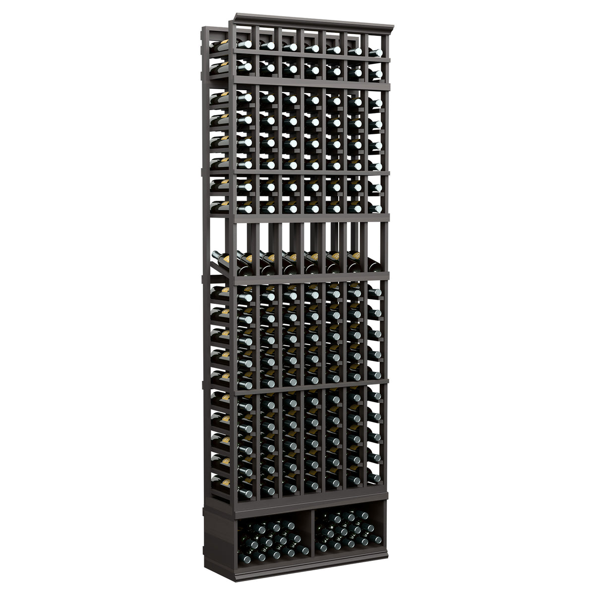 Black-stained wood 7-column wine display rack with bottle slots