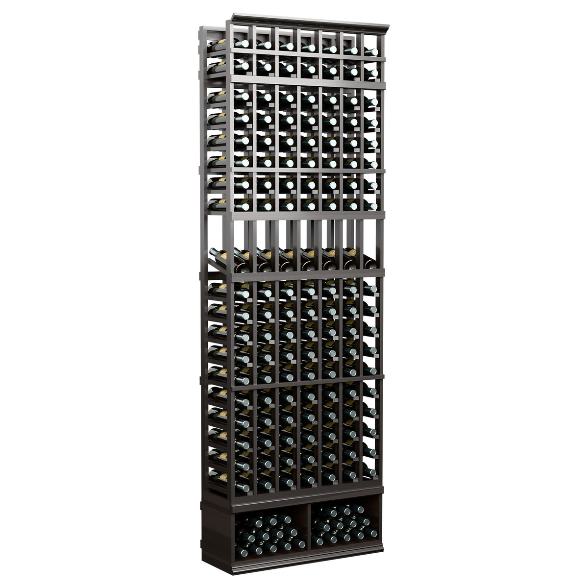 Dark charcoal 7-column wine display rack with bottle slots and bottom bins