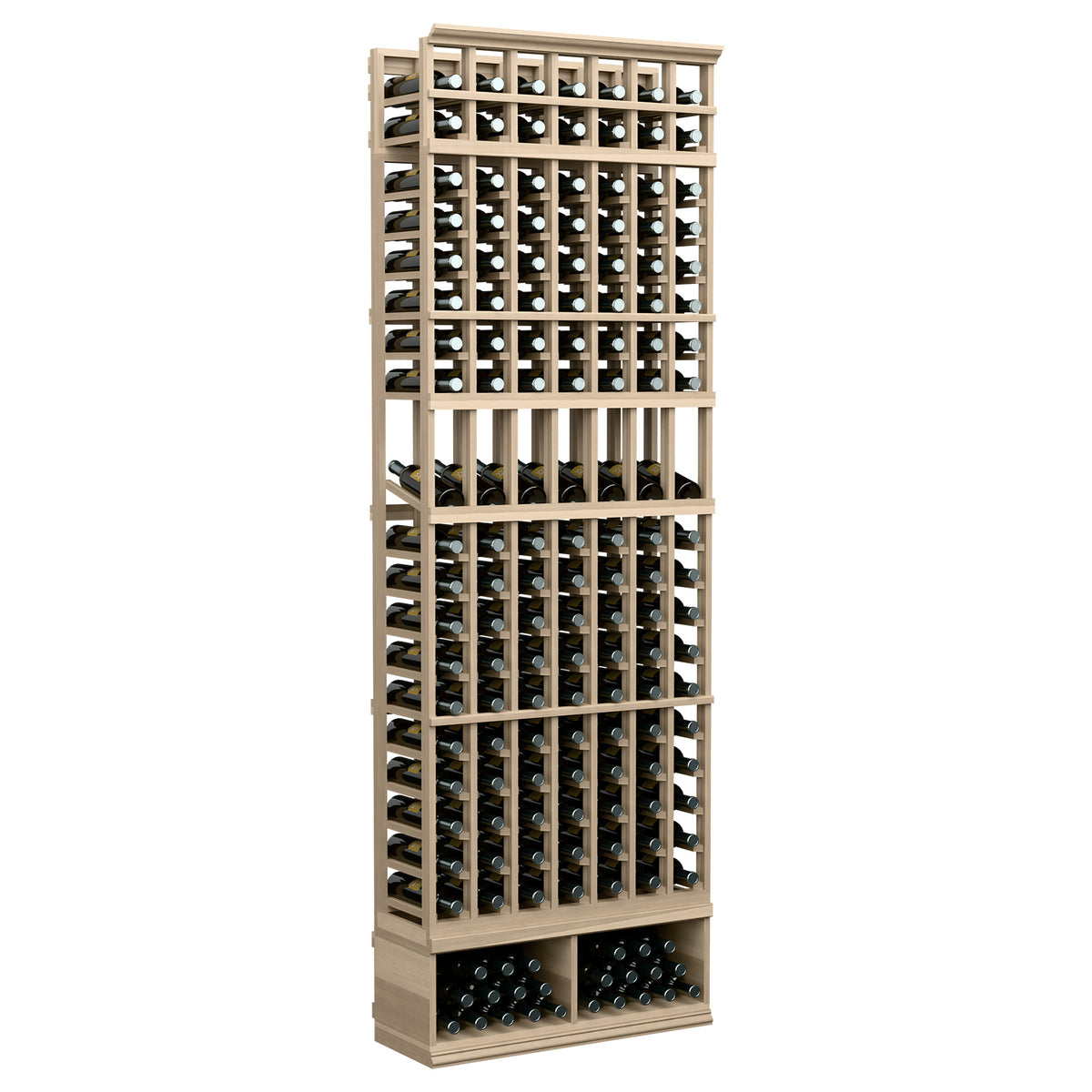 Wine bottle display rack with 7 columns, light wood, front view, bottle storage
