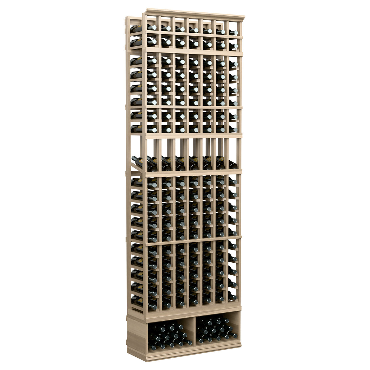 Wine bottle display rack with 7 columns, light wood frame, front row and bottle slots