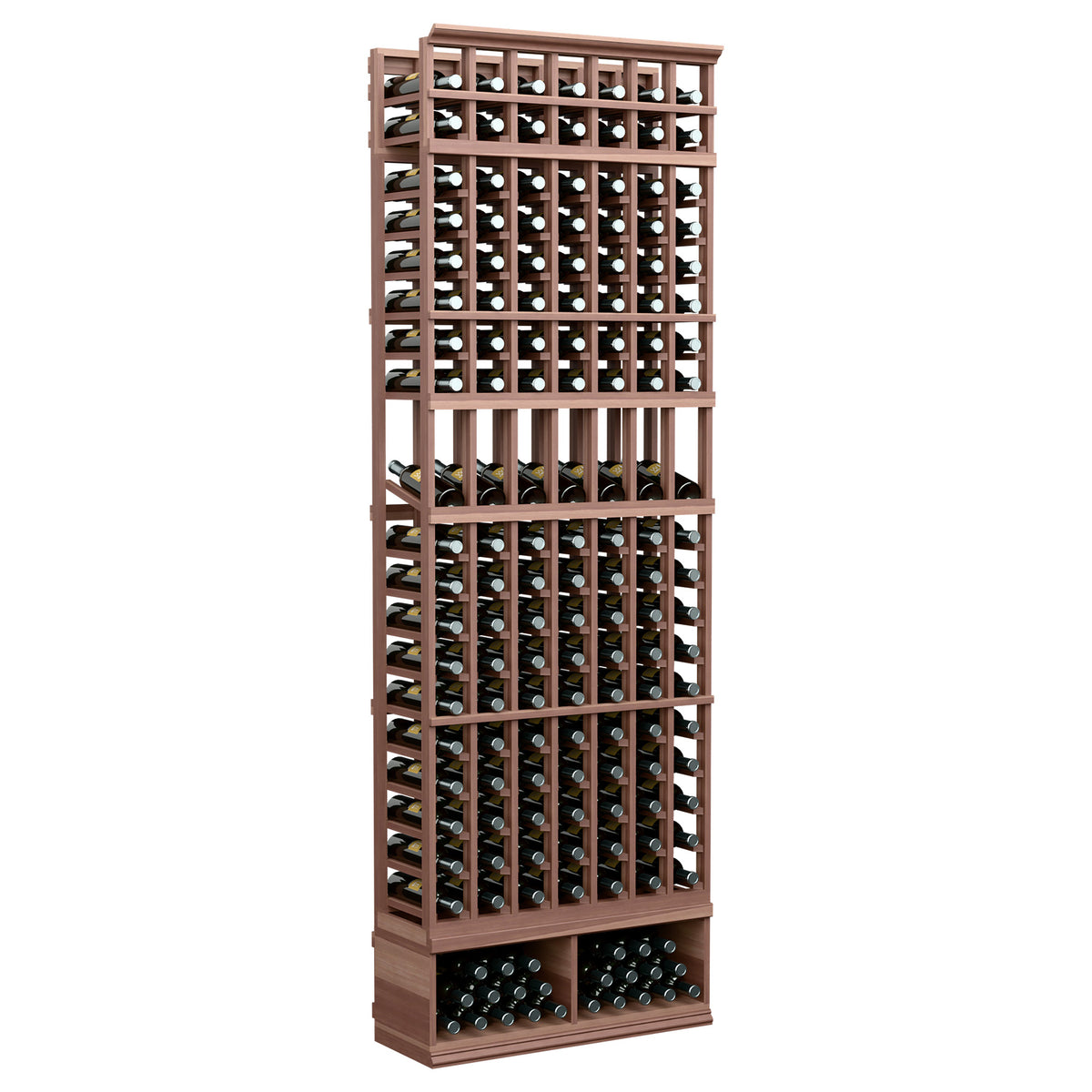 Wine bottle display rack with 7 columns, dark wood finish, front view with bottle slots