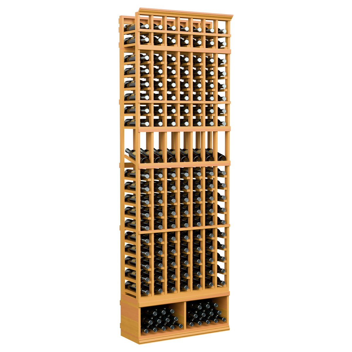 Wine bottle display rack with 7 columns, golden wood finish, front view with bottle storage