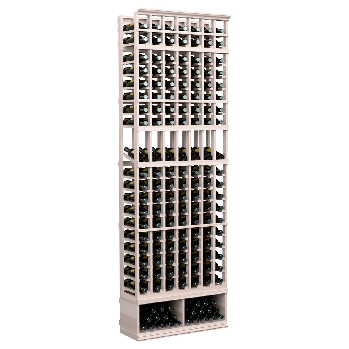 Wine bottle display rack with 7 columns, gray-toned wood, front view, rows of bottle openings