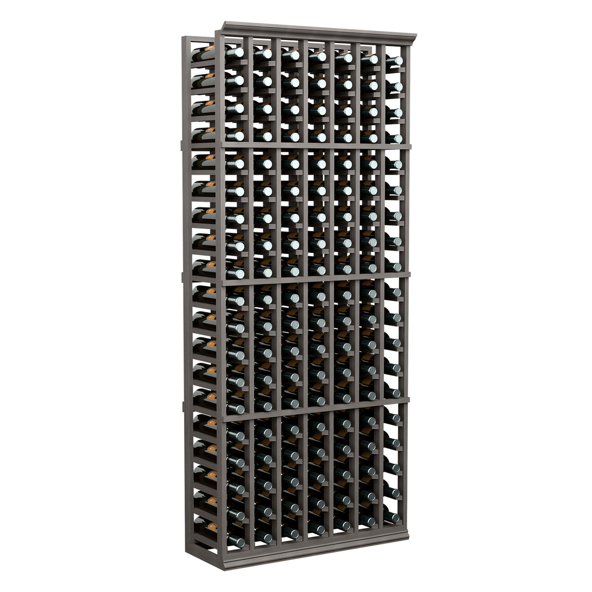 Wine bottle storage rack, 7-column, dark frame holding upright bottles, standing view