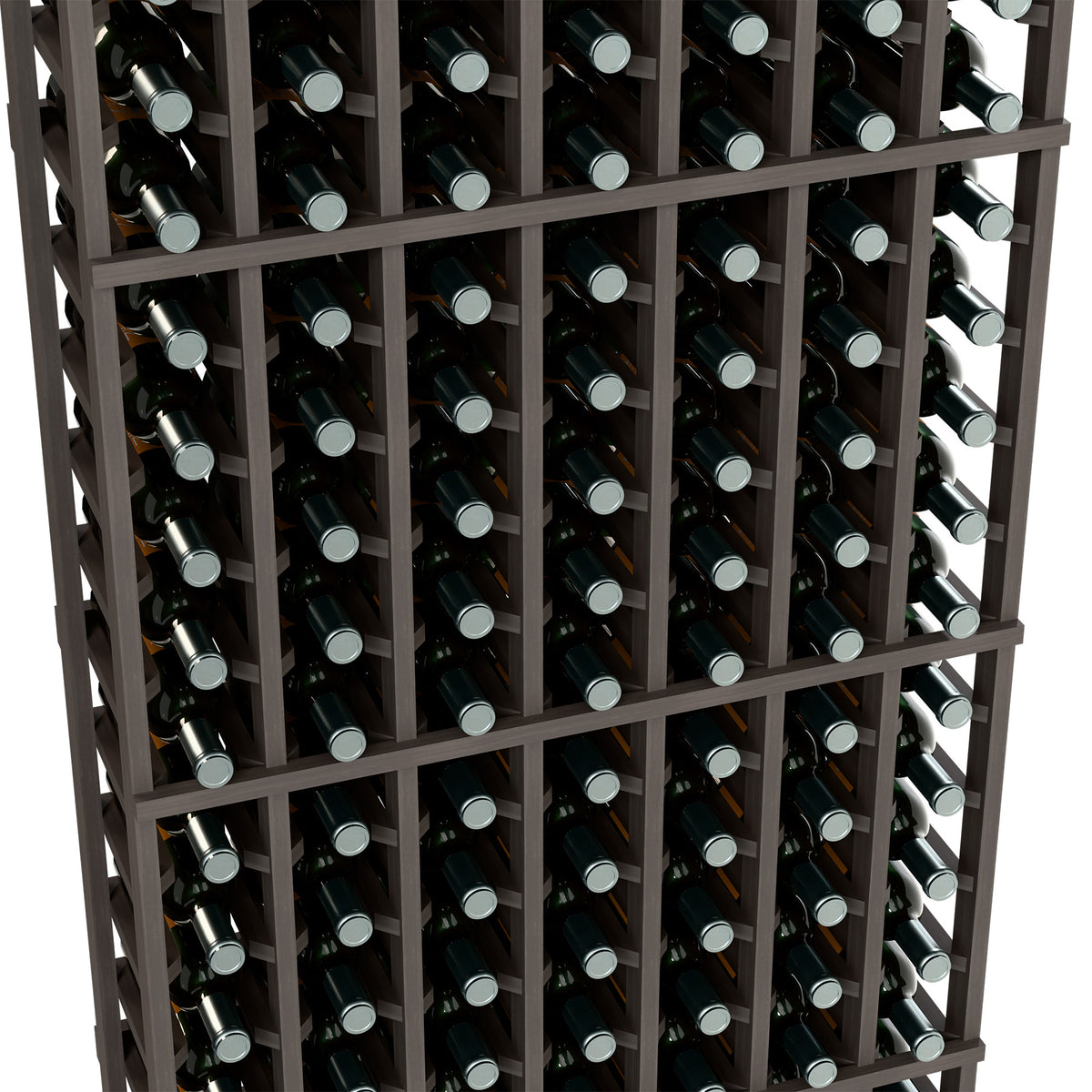 Wine bottle storage rack close-up, 7-column, dark frame with upright bottles