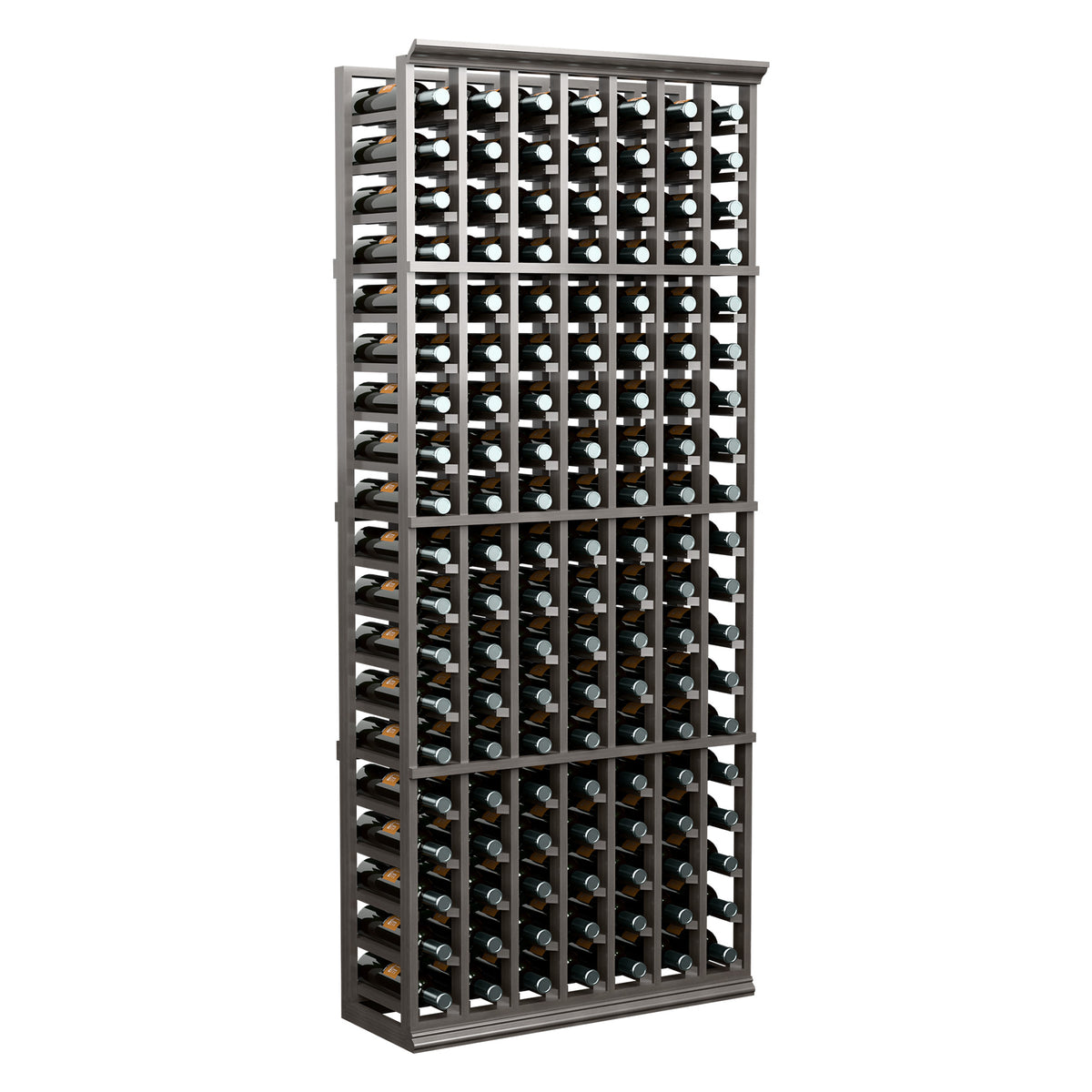 Wine bottle storage rack, 7-column, dark frame holding upright bottles, front view