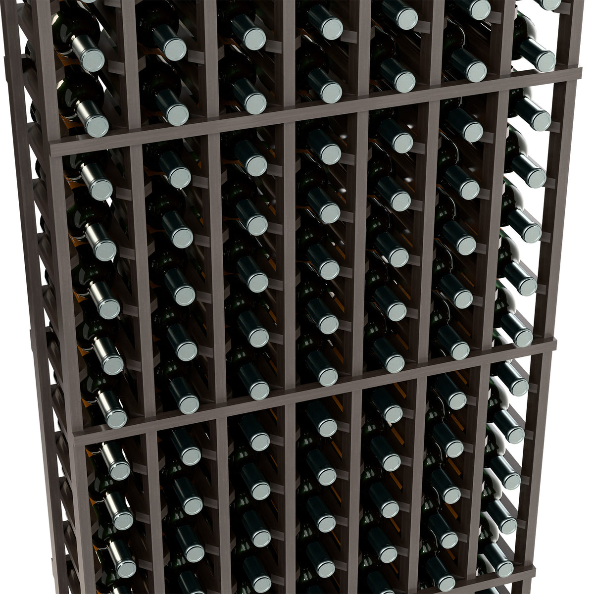Wine bottle storage rack close-up, 7-column, dark frame with upright bottles