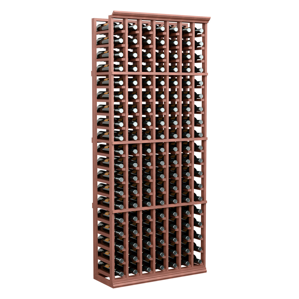 Wine bottle storage rack, 7-column, natural wood frame holding upright bottles, standing view
