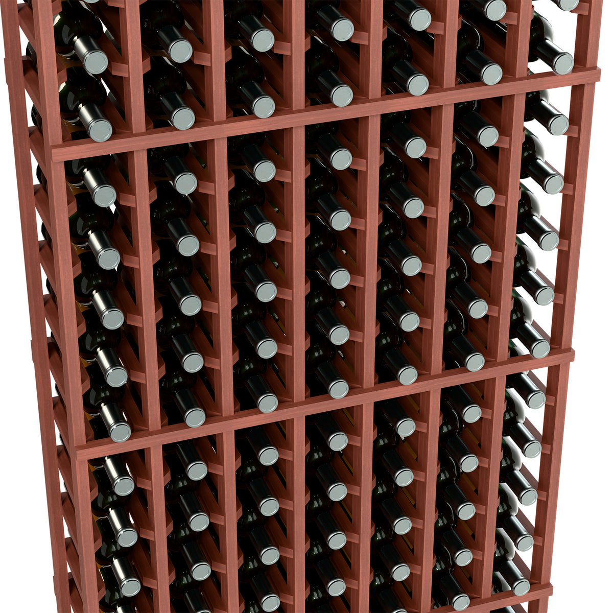 Wine bottle storage rack close-up, 7-column, reddish wood frame with upright bottles