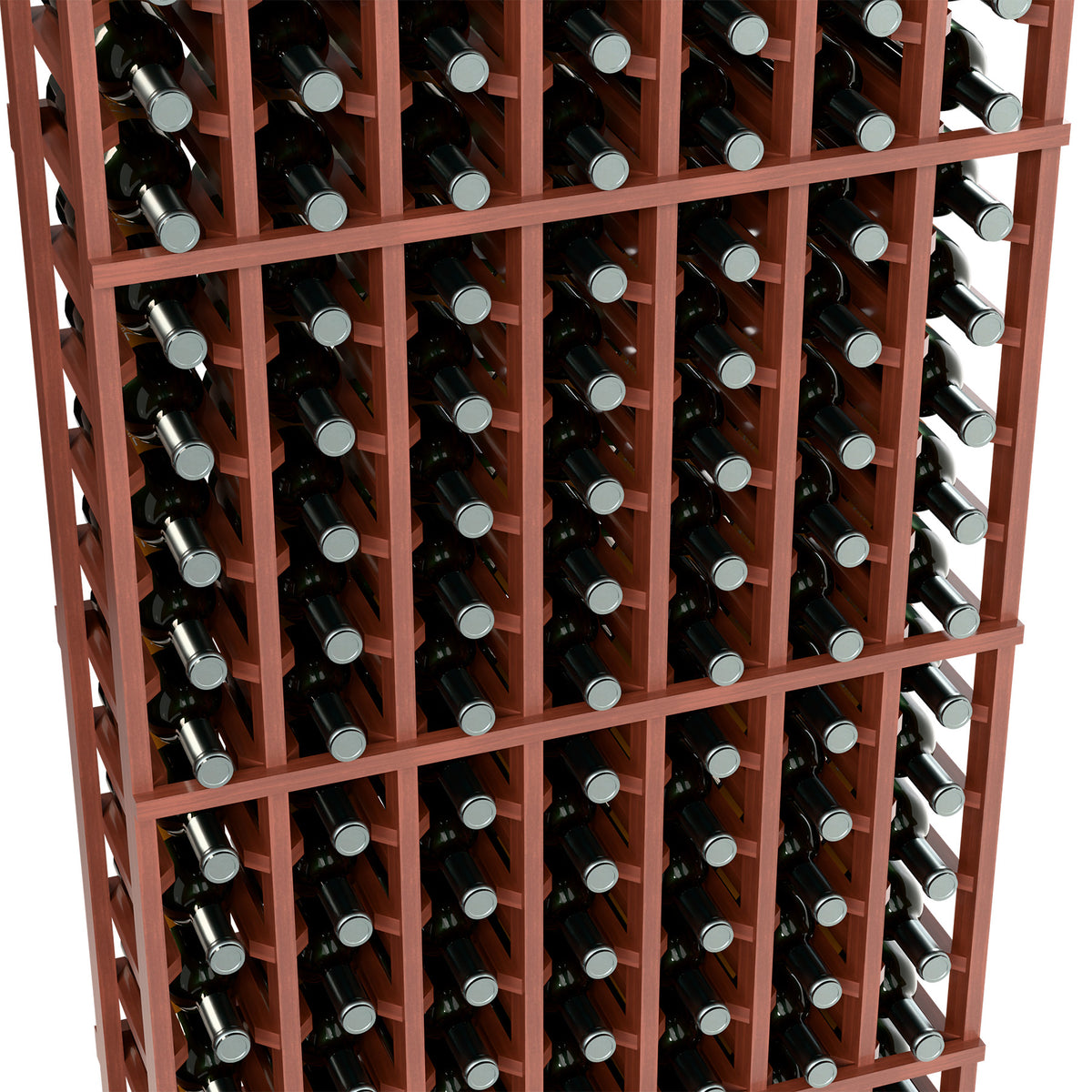 Wine bottle storage rack close-up, 7-column, reddish wood frame with upright bottles