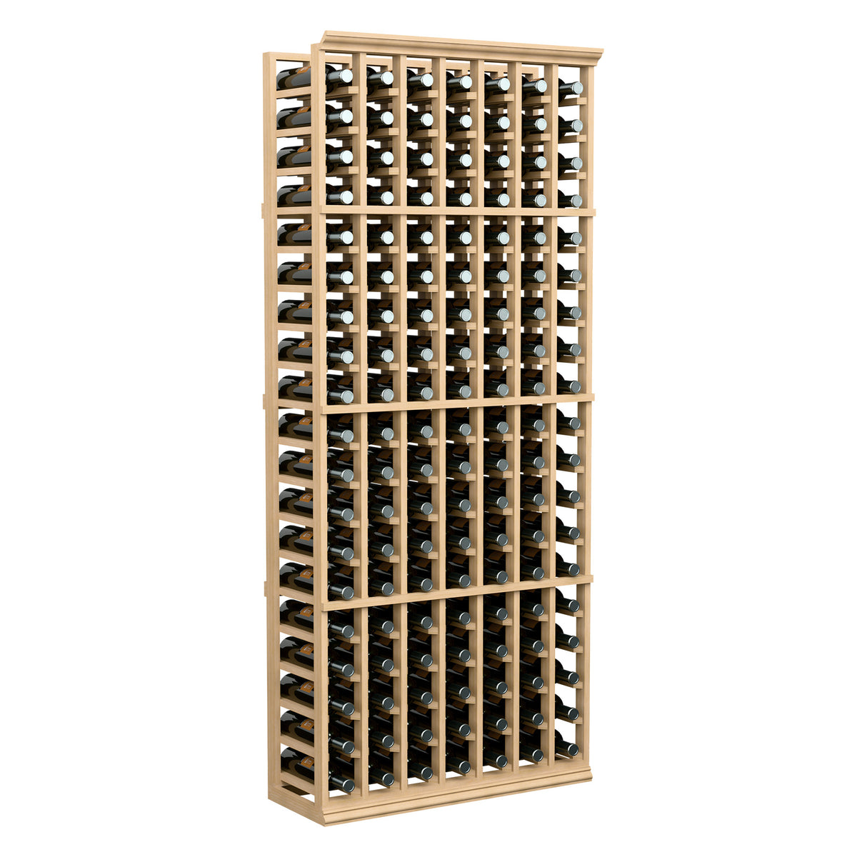 Wine bottle storage rack, 7-column, light wood frame holding upright bottles, standing view