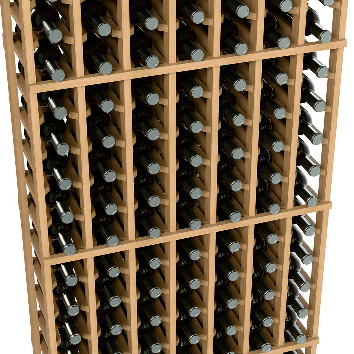 Wine bottle storage rack close-up, 7-column, light wood frame with upright bottles