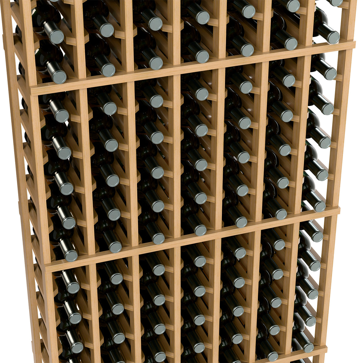 Close-up of light wood 7-column wine rack holding bottles in individual slots