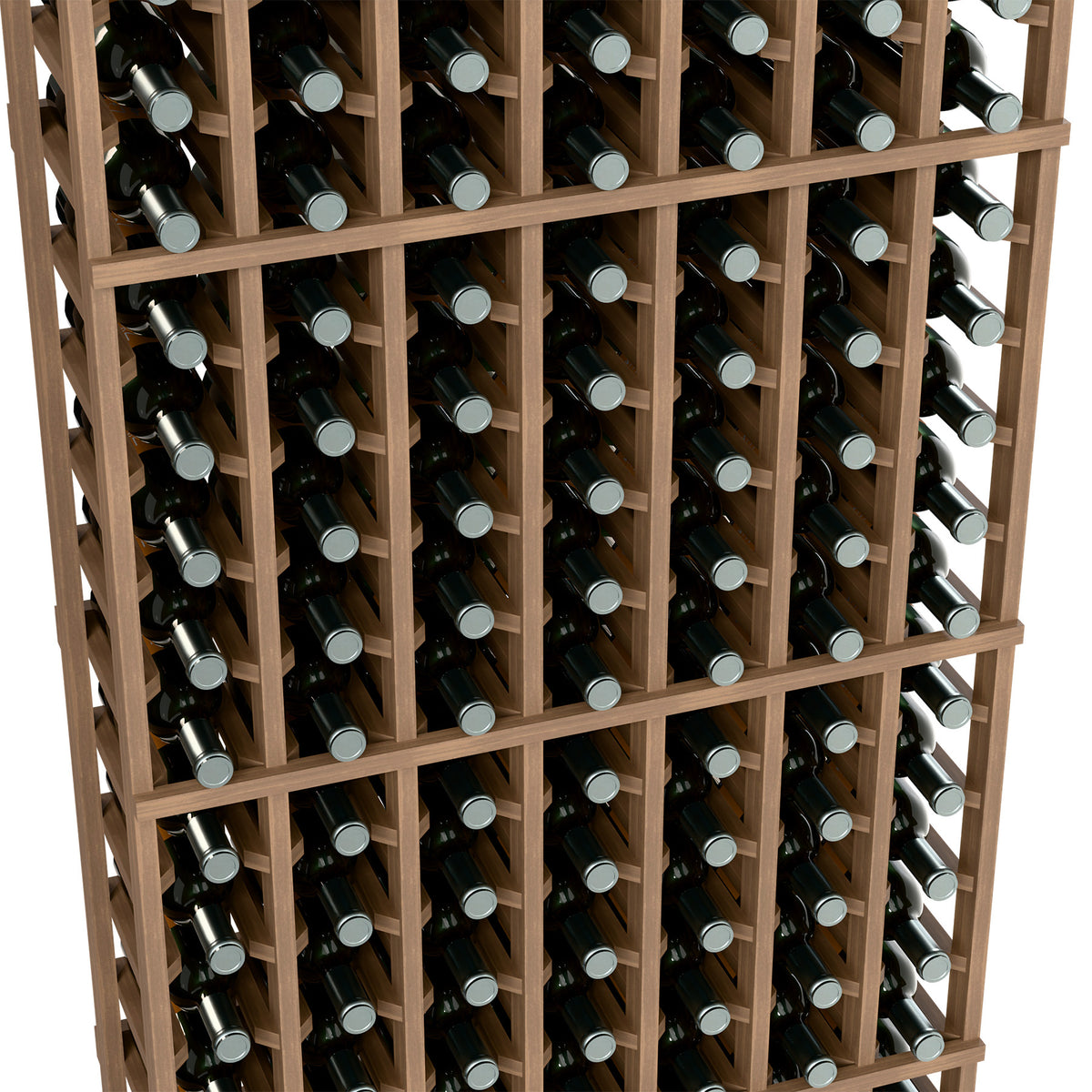 Angle view of light wood 7-column wine rack with bottles in grid slots