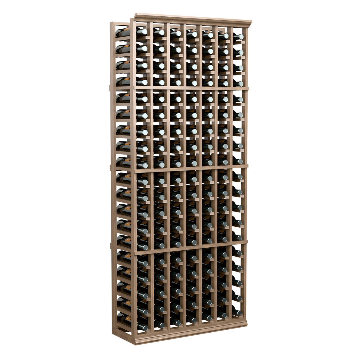 Tall light wood 7-column wine bottle rack with evenly spaced bottle slots