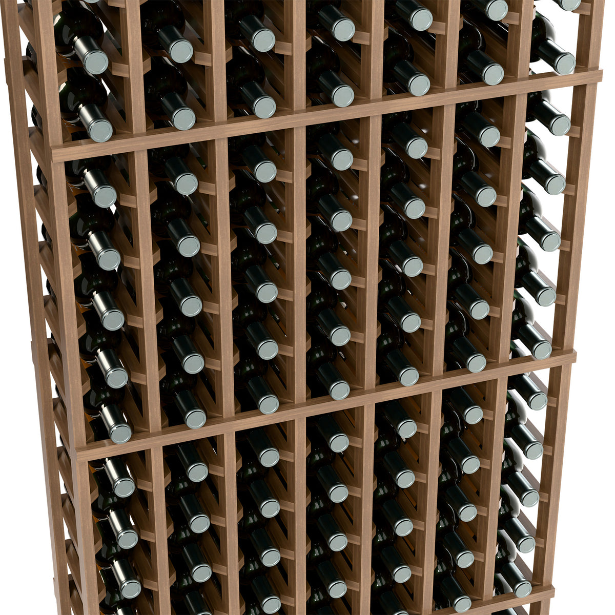Close-up of light wood 7-column wine rack holding bottles in square slots