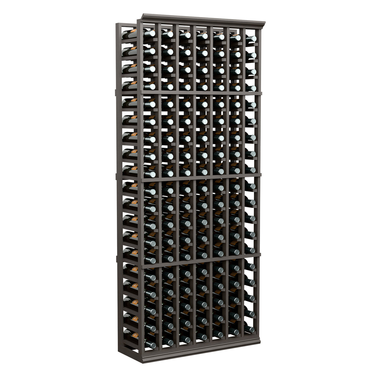 Dark wood 7-column wine bottle rack with bottle slots in a tall frame