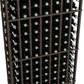 Close-up of dark wood 7-column wine rack holding bottles in square slots