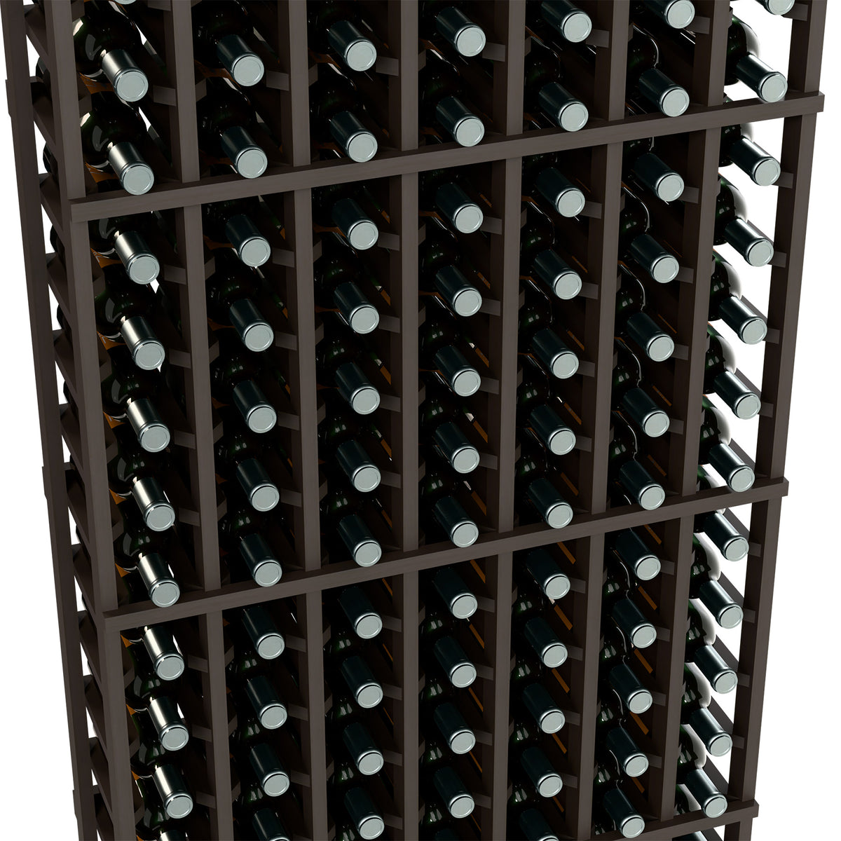 Close-up of dark wood 7-column wine rack holding bottles in square slots