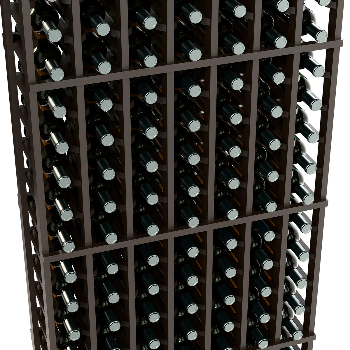Close-up of dark wood 7-column wine rack holding bottles in individual slots