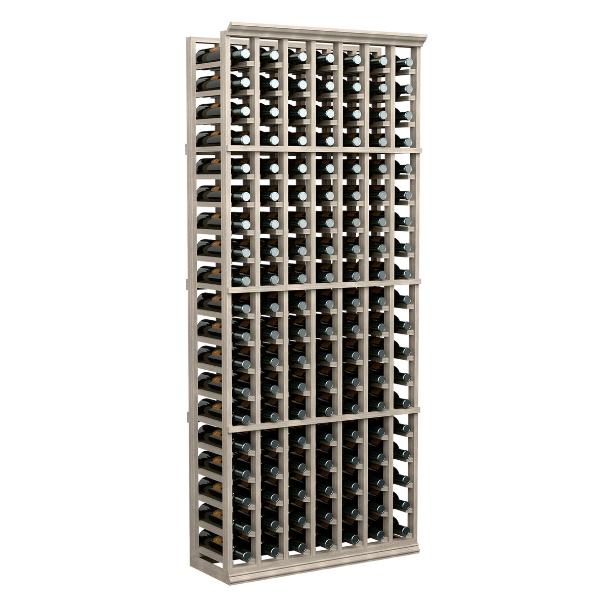 Wine bottle storage rack with 7 columns, light wood frame, holds many bottles