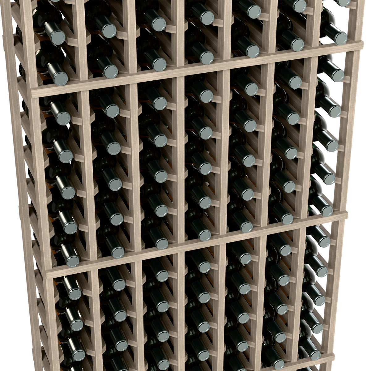 Close-up of 7-column wine rack showing bottle slots and light wood dividers
