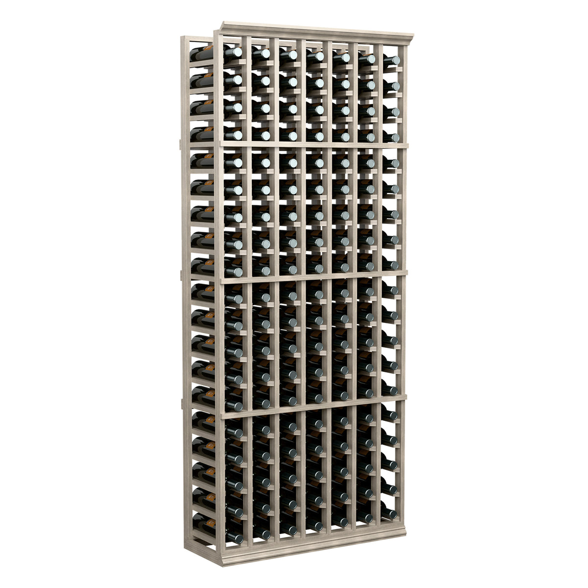 Full view of 7-column wine bottle rack with light wood frame and bottle slots