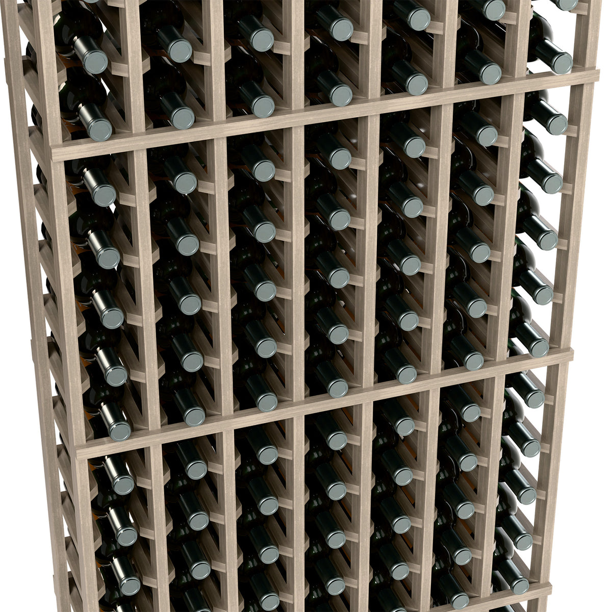 Close-up of 7-column wine bottle rack with light wood frame and bottle rows