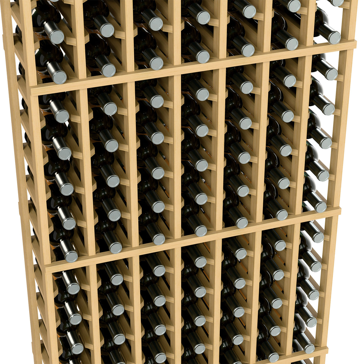 Close-up of 7-column wine rack with natural light wood frame and bottle positions
