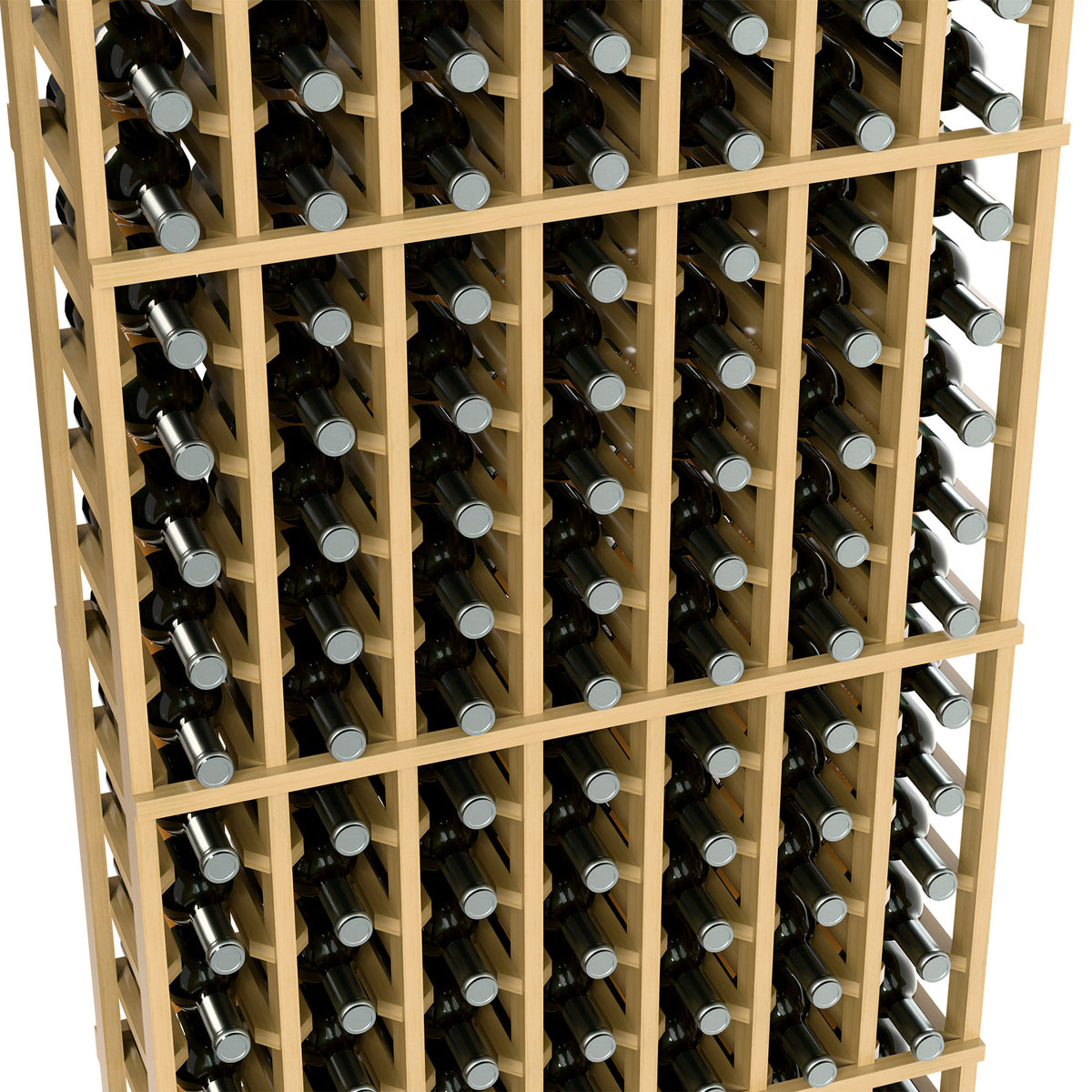 Close-up of 7-column wine rack with natural light wood dividers and bottle slots