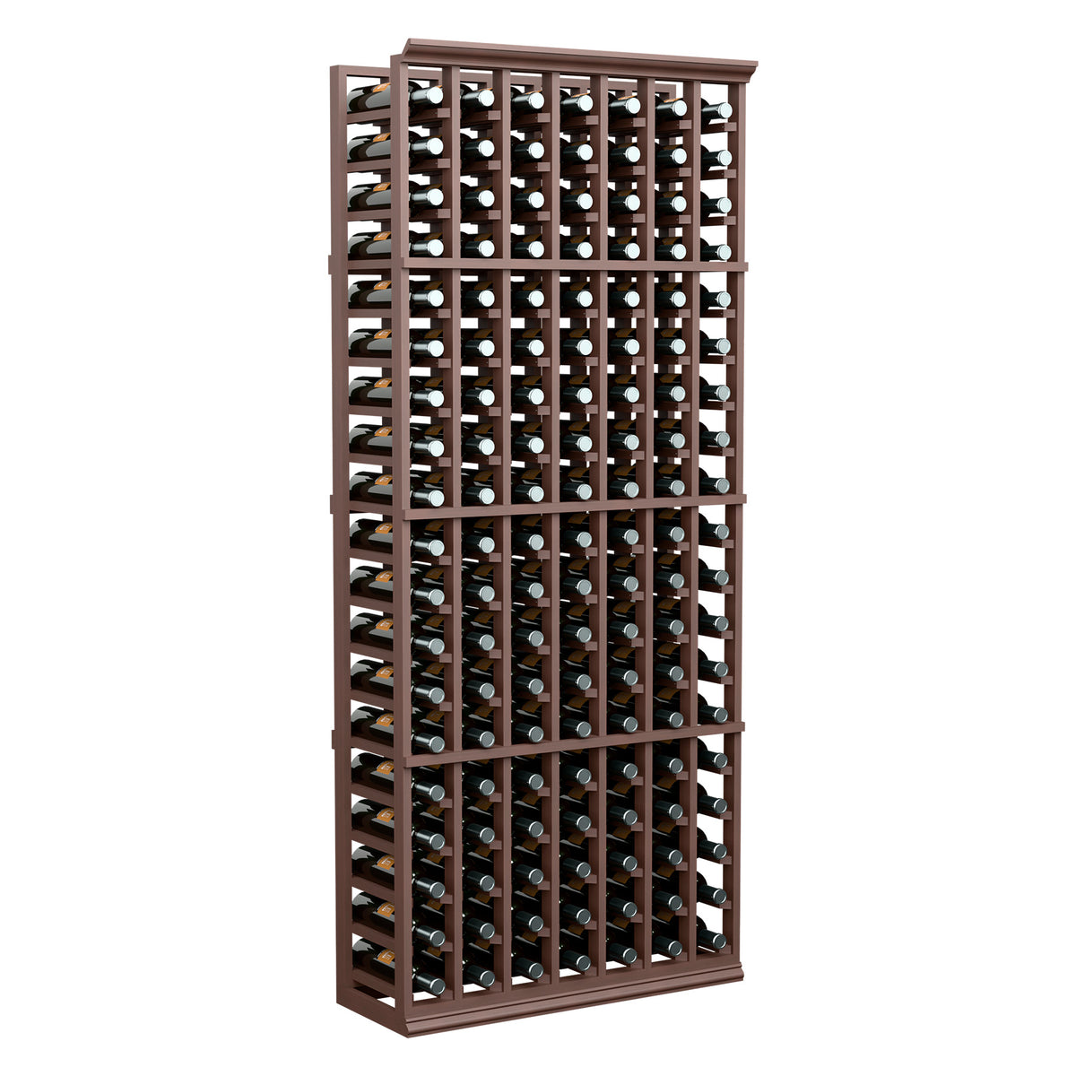Wine bottle storage rack with 7 columns and dark wood frame, holds bottles