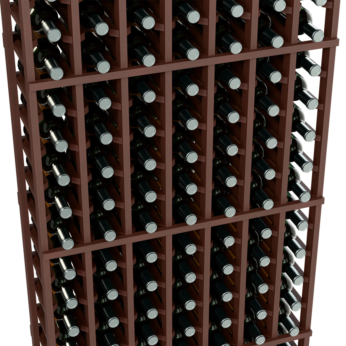 Close-up of 7-column wine rack with dark wood frame and bottle compartments
