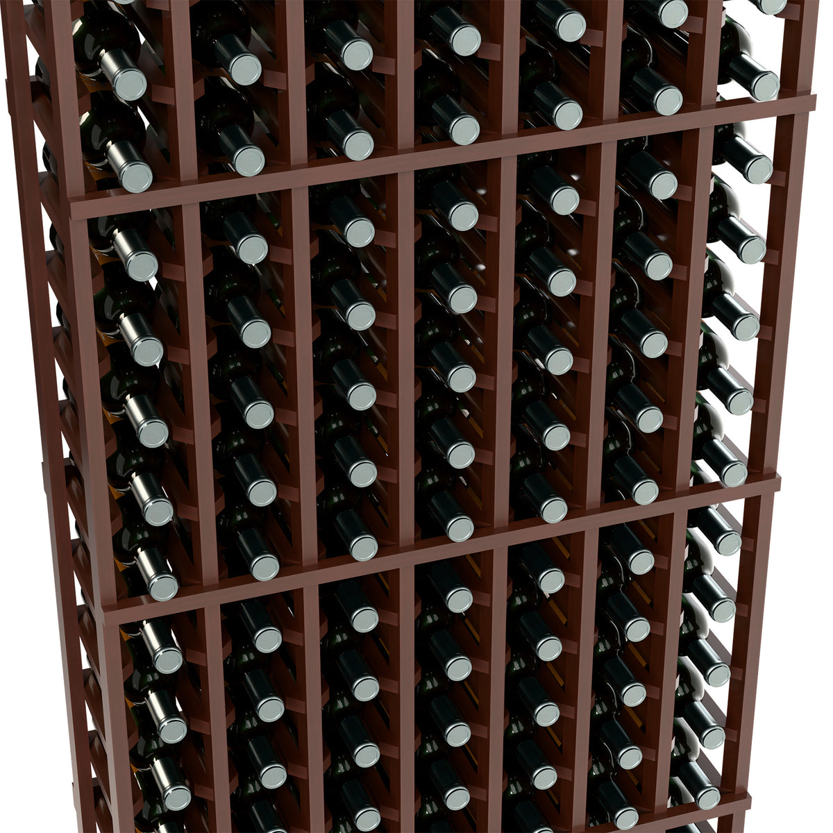 Dark wood 7-column wine rack with bottle necks in grid slots, close-up view