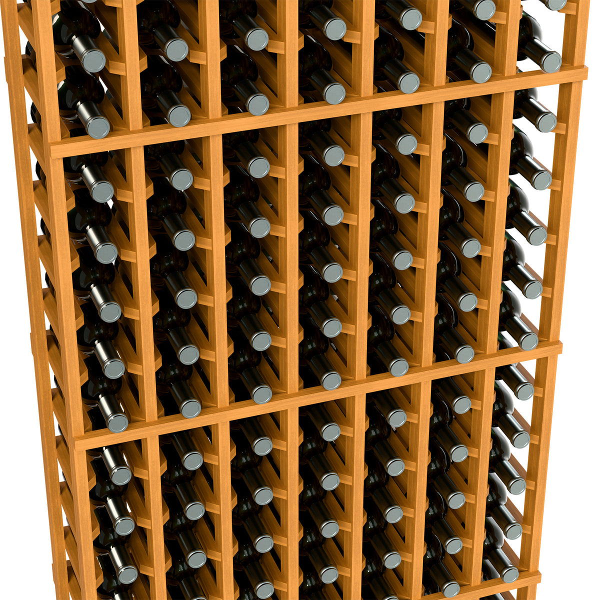 Light wood 7-column wine rack with bottle necks in grid slots, close-up view