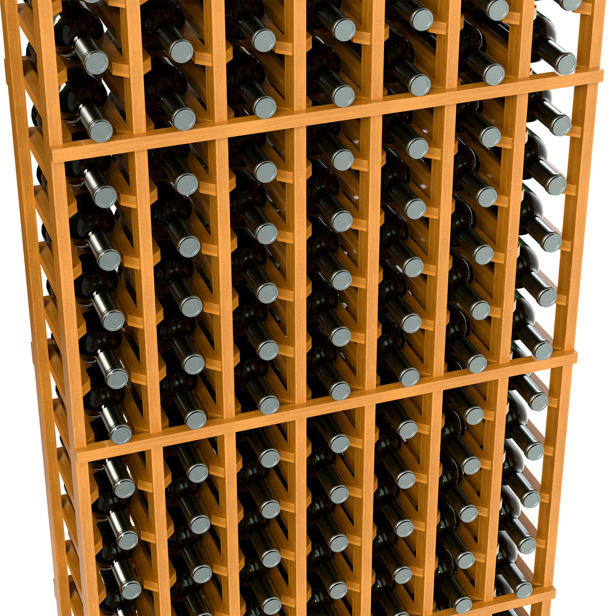 Natural wood 7-column wine rack with bottle necks in grid slots, close-up view