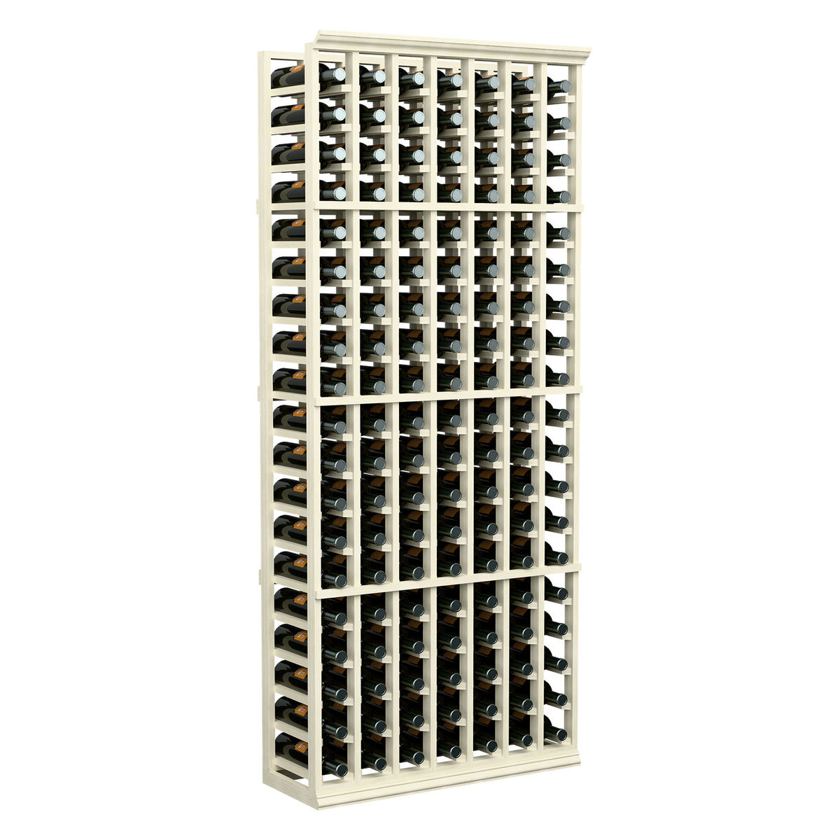 7-column wine rack with 6 ft frame, white wood shelves holding rows of bottles