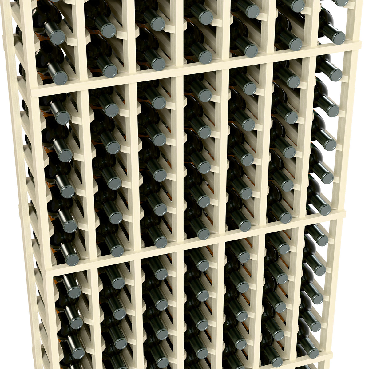 White 7-column wine rack with bottle necks in grid slots, close-up view