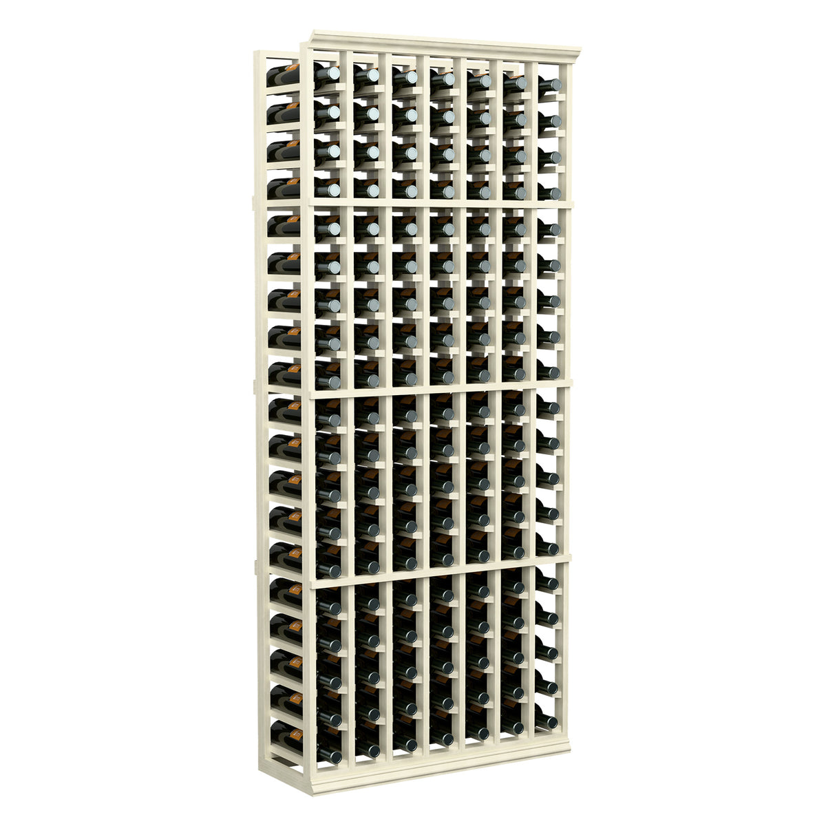 7-column wine rack with 6 ft frame, white wood shelves holding rows of bottles