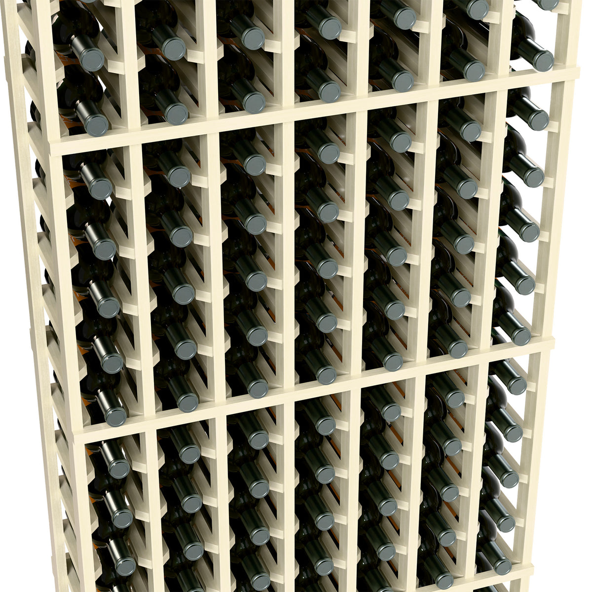 White 7-column wine rack with bottle necks in grid slots, close-up view