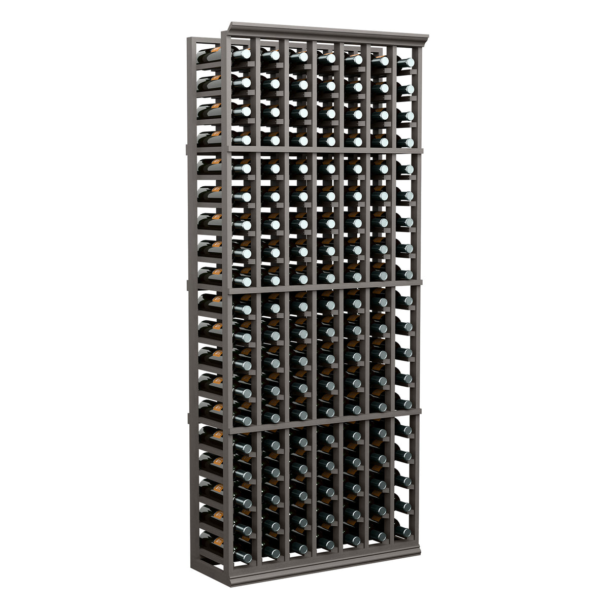 7-column 6 ft wine rack with black frame, front view of stored wine bottles