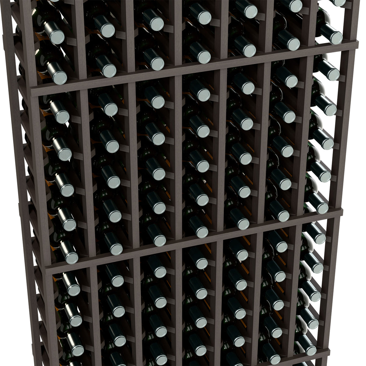 7-column 6 ft wine rack, close-up of bottles in black grid shelves