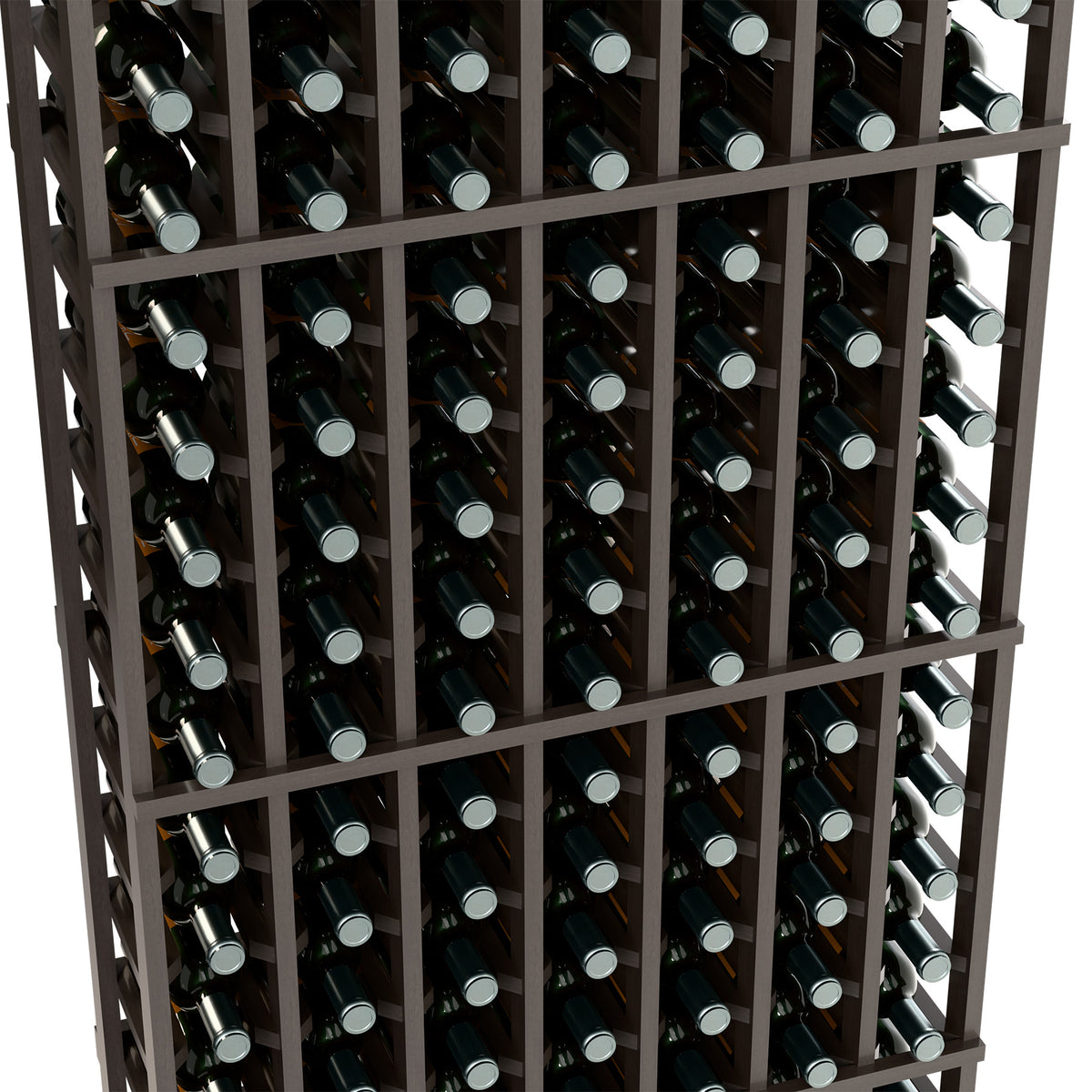 7-column 6 ft wine rack close-up, bottles seated in dark wood lattice