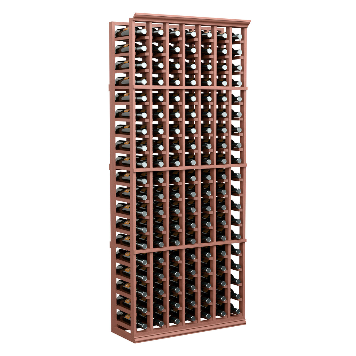 7-column 6 ft wine rack with red-brown frame, front view of wine bottles