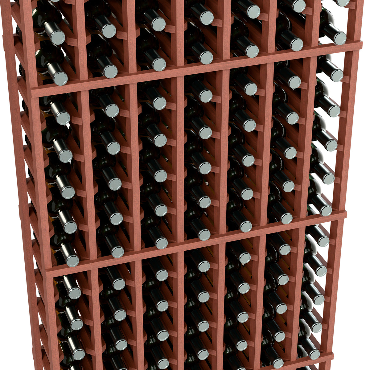 7-column 6 ft wine rack close-up, bottles stored in red-brown wooden grid