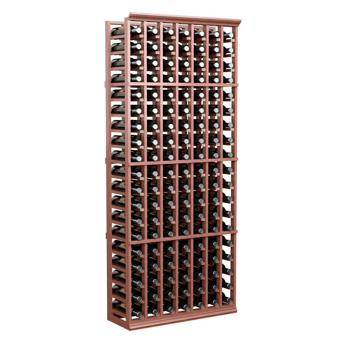 7-column 6 ft wine rack with red-brown frame, front view with wine bottles