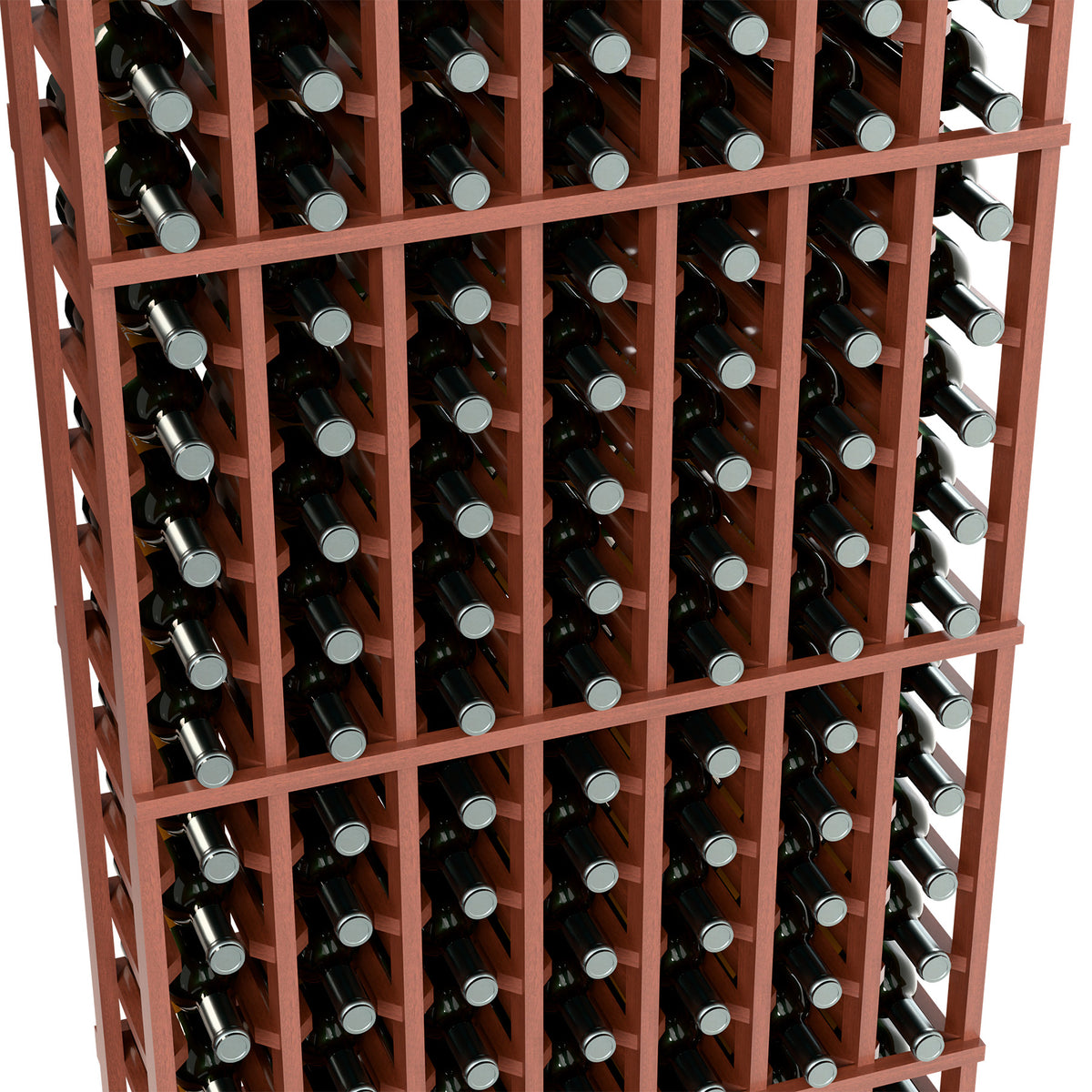 7-column 6 ft wine rack close-up, bottles in red-brown lattice rows