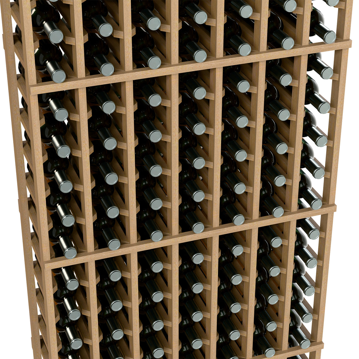 7-column 6 ft wine rack close-up, bottles in light wood bottle slots