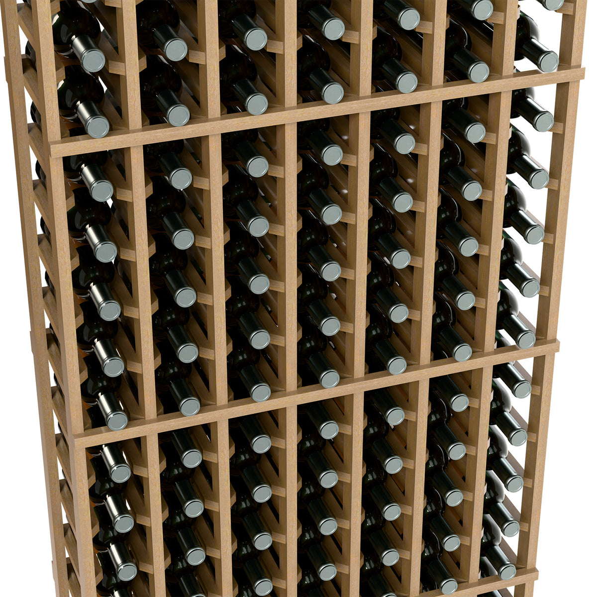 7-column wine rack close-up, light wood grid holding dark bottles with silver caps